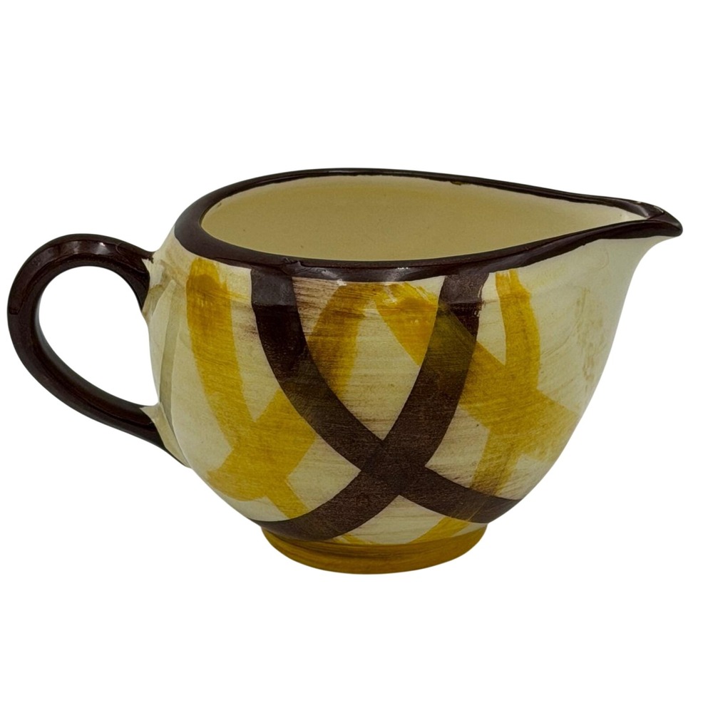 Vtg MCM 50s Vernonware Organdie HandPainted Creamer Pitcher Yellow Brown Gingham